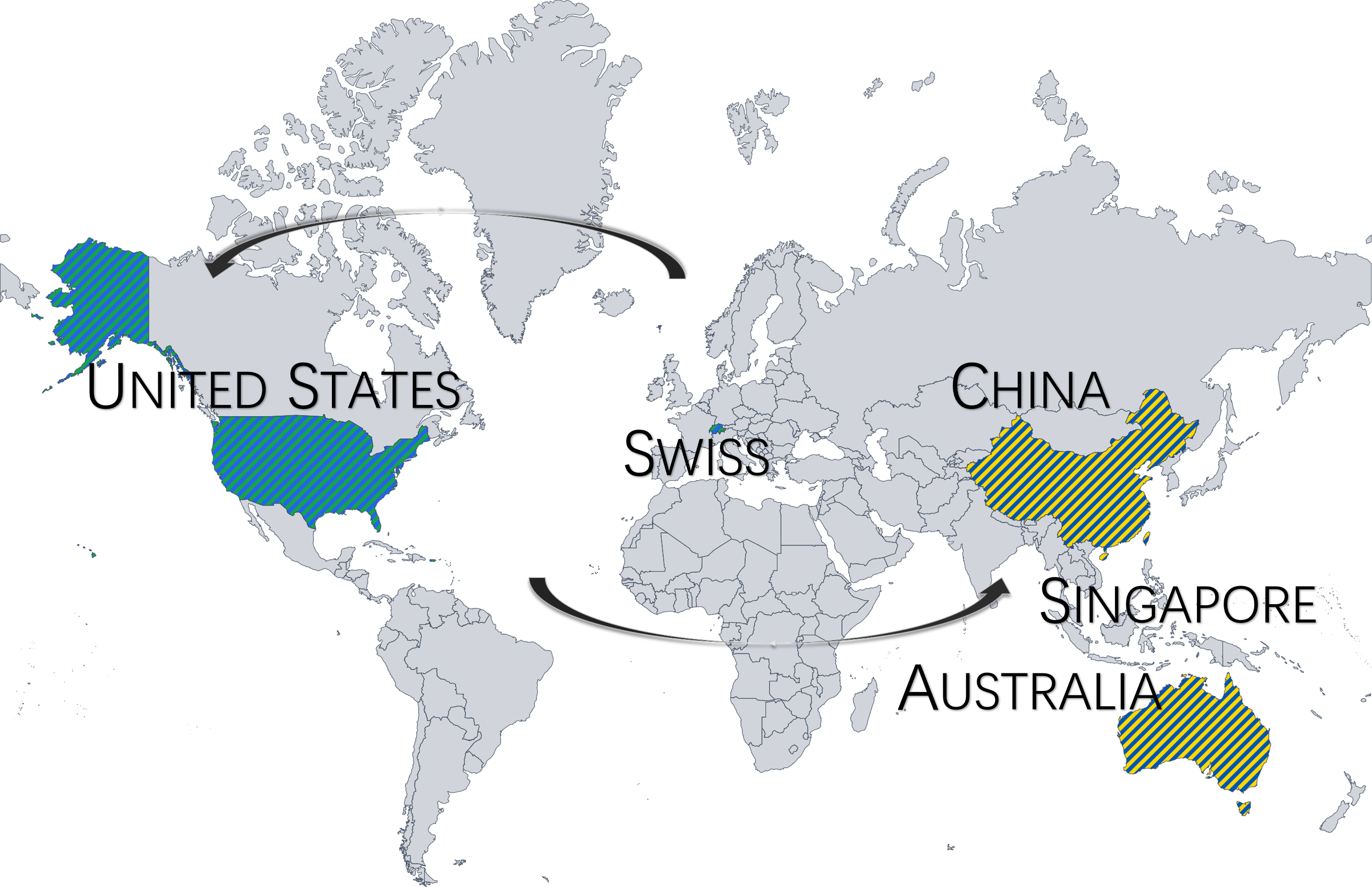 Alliance global footprint map showing connections among the US, Europe/Switzerland, China, Singapore and Australia